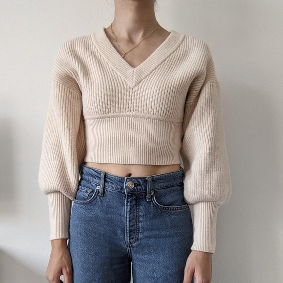 Express Cream Sweater with Puffy Sleeves - Picture 1 of 5